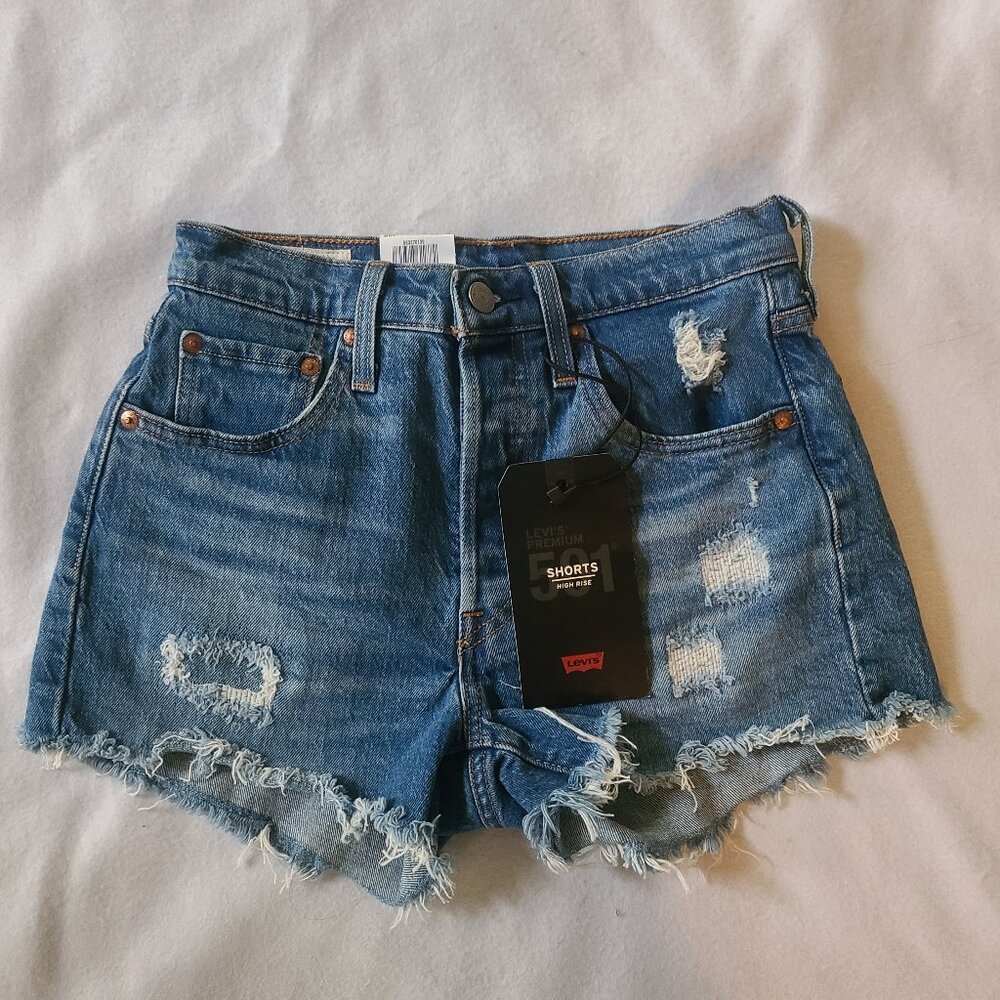 NWT Levi's Premium 501 Blue Denim High Rise Jean Shorts Distressed Style